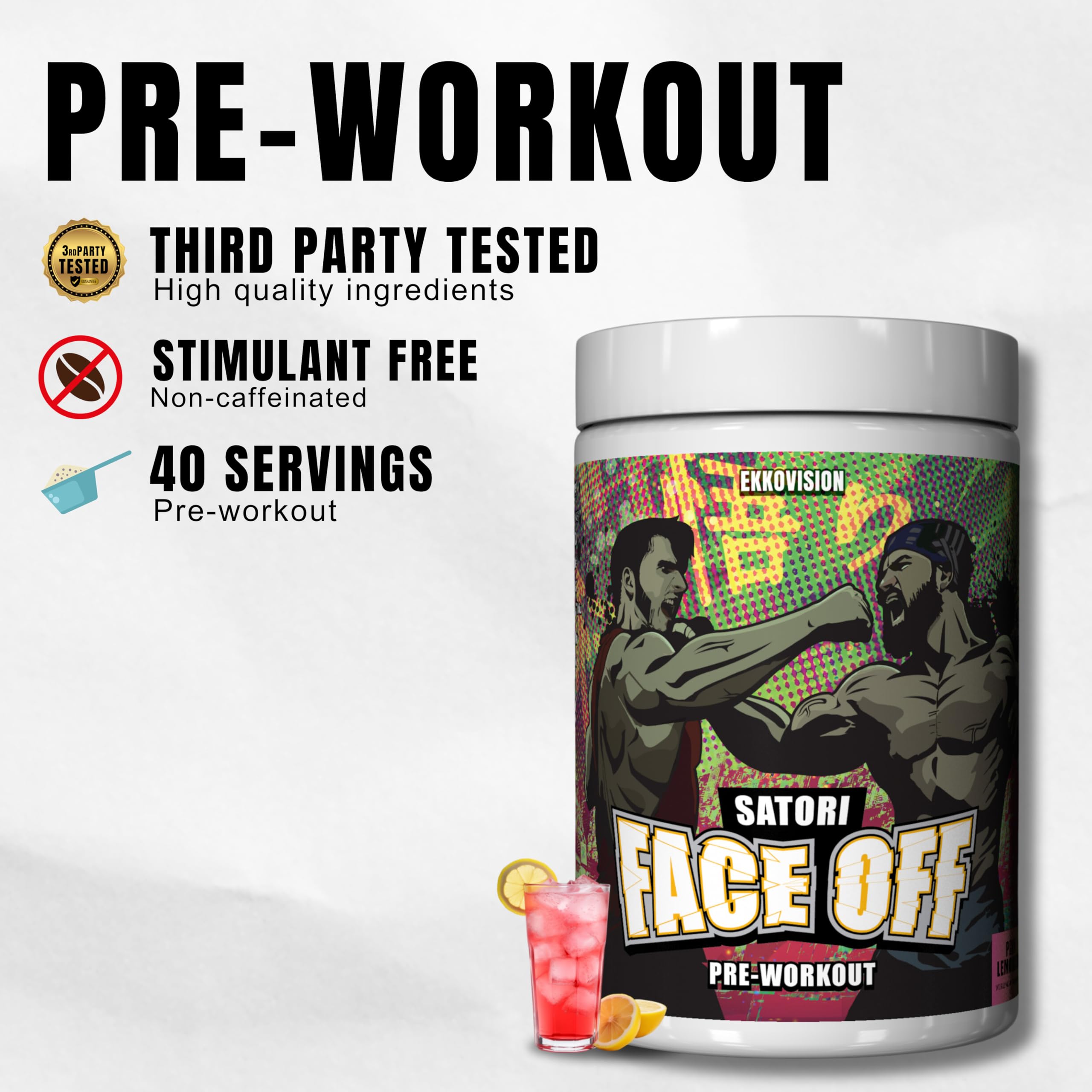 Ekkovision Satori Face Off glass showcases pink lemonade flavor for workouts.