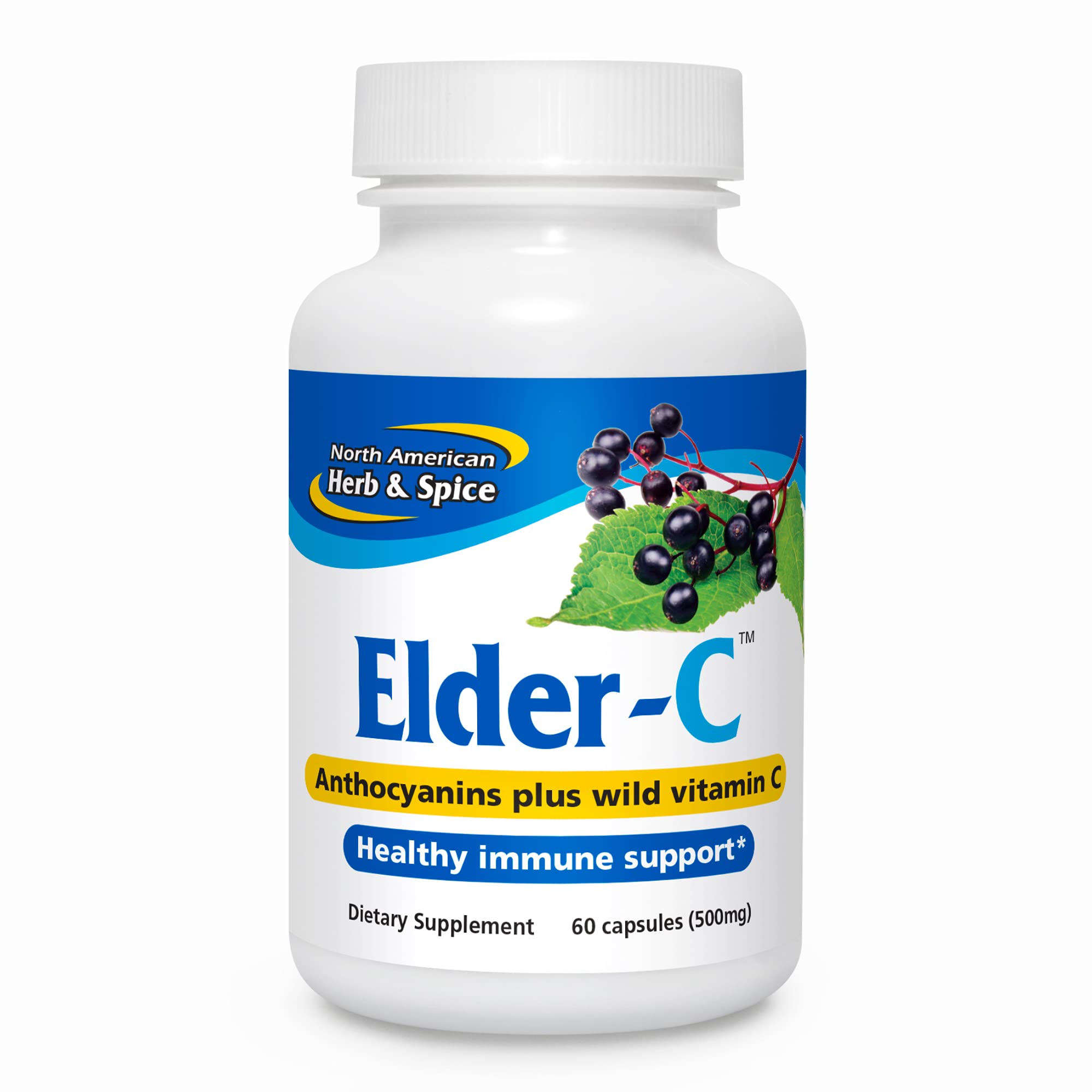 Bottle of Elder-C Elderberry Concentrate capsules with elderberry imagery