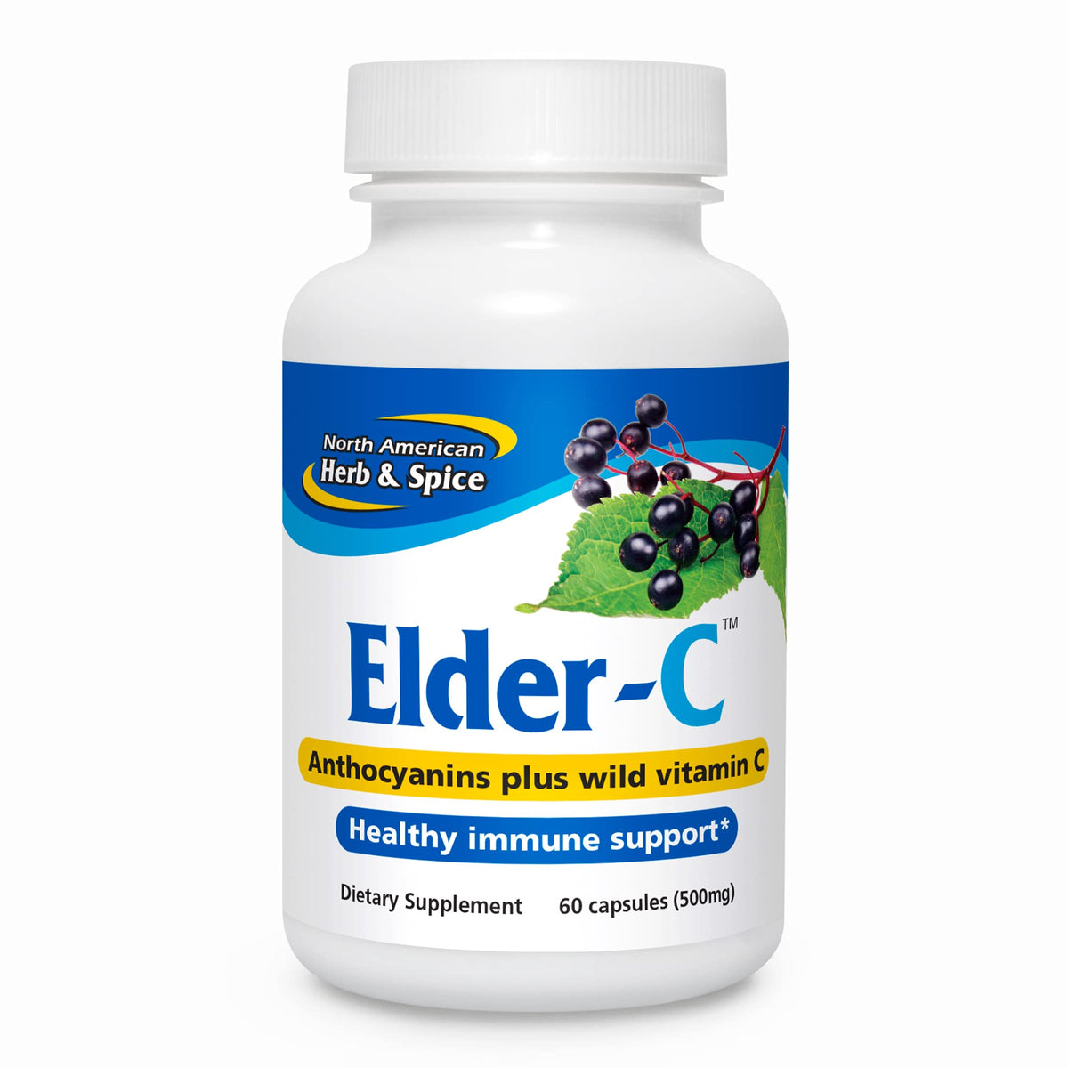 Bottle of Elder-C Elderberry Concentrate capsules with elderberry imagery