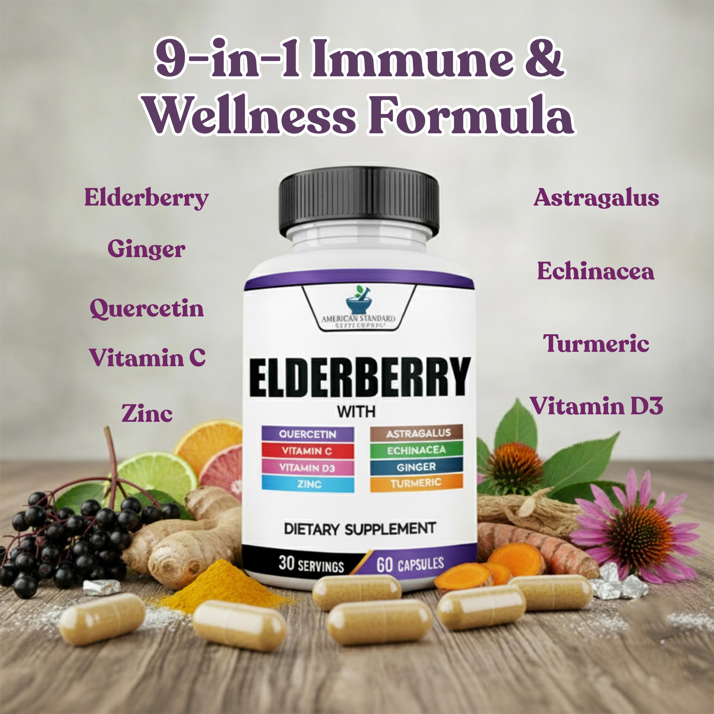 Graphic showing Elderberry, Quercetin, Vitamin C and Vitamin D3