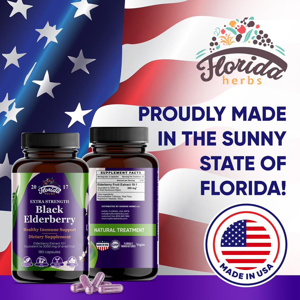 Supplement facts and ingredients label for Florida Herbs Elderberry capsules