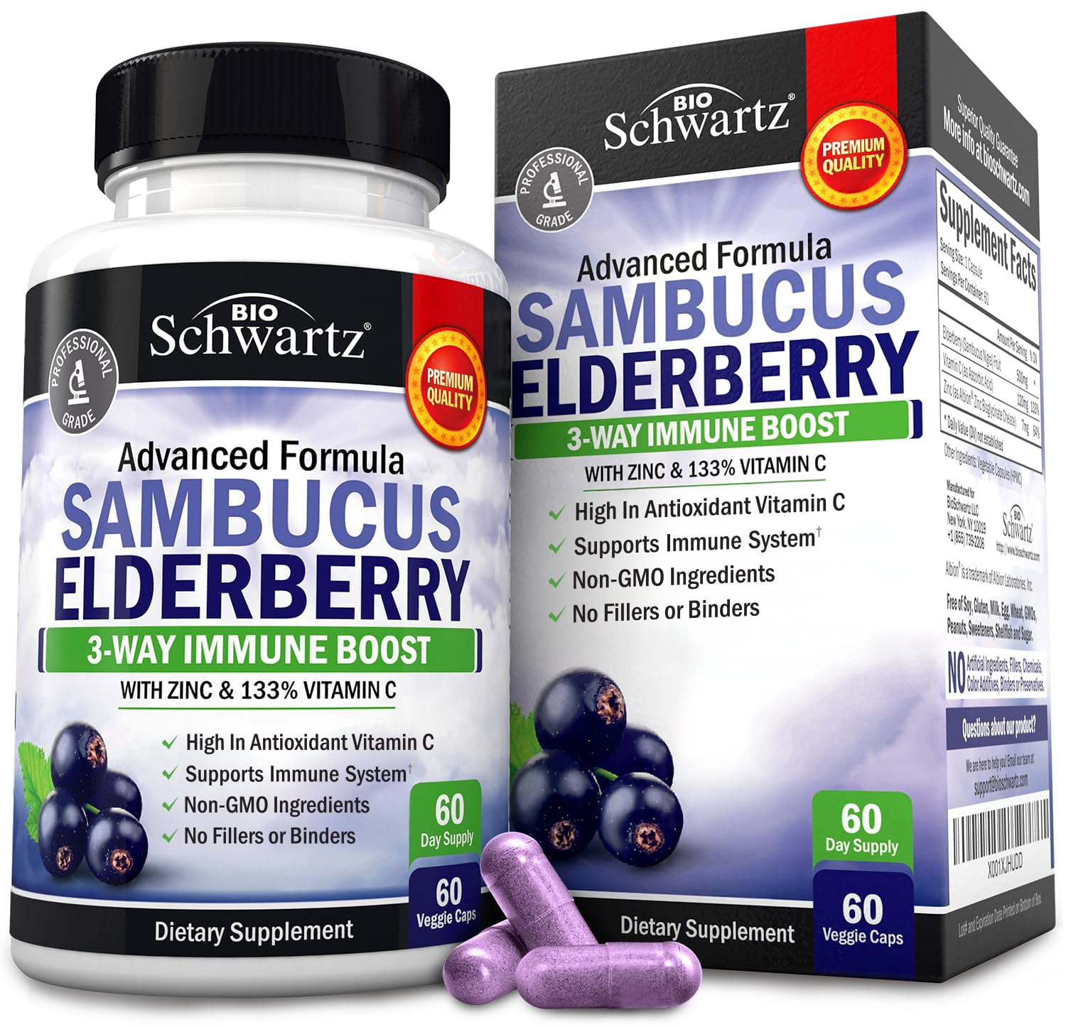 BioSchwartz elderberry capsules with zinc and vitamin C – 60-count bottle