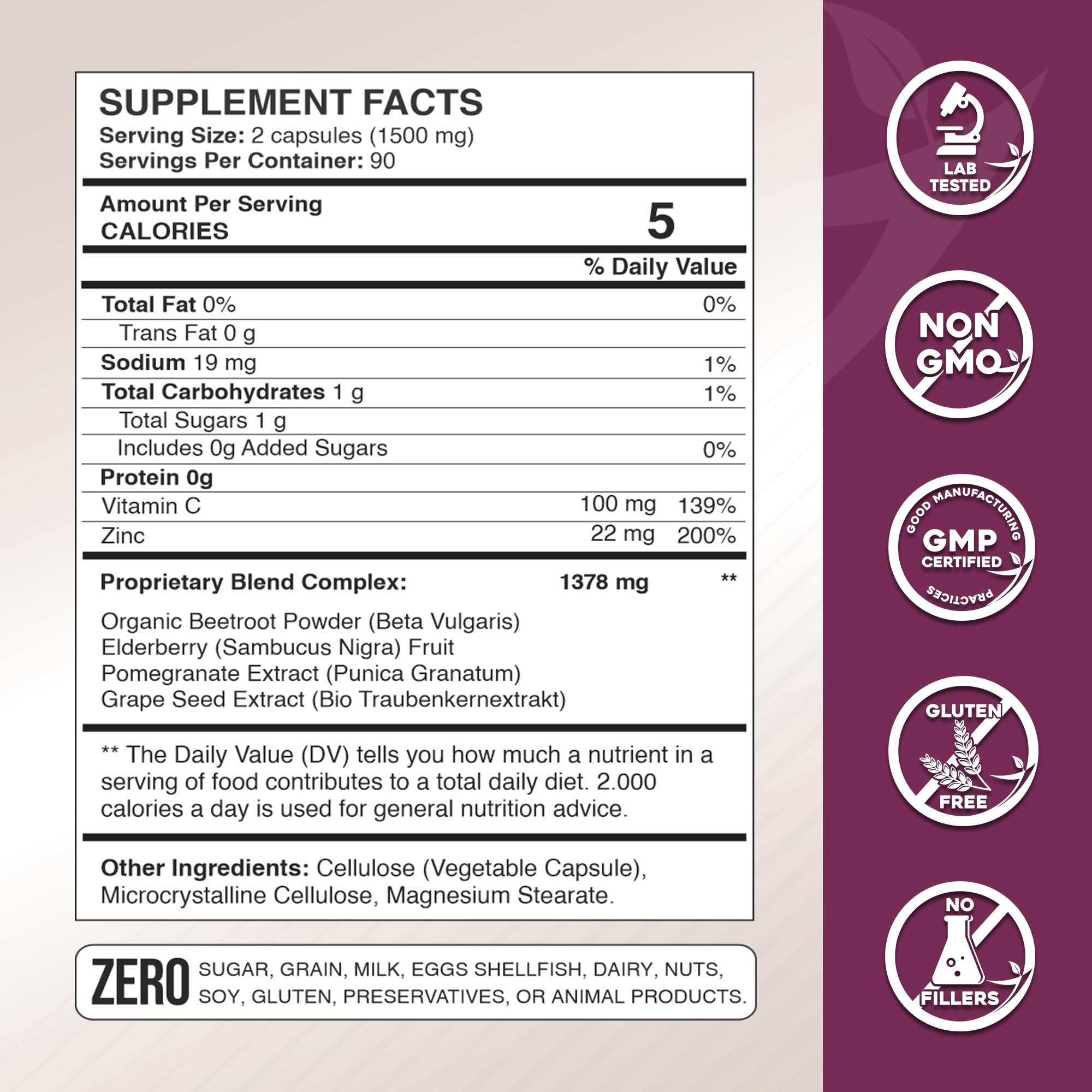 Elderberry, grape seed, pomegranate, vitamin C and zinc ingredients