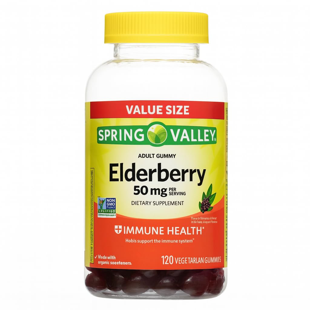 Elderberry Gummies bottle showing 50 mg per serving and 120-count