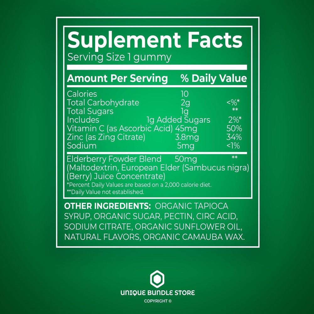 Bottle label with 50 mg elderberry per serving and 120-count