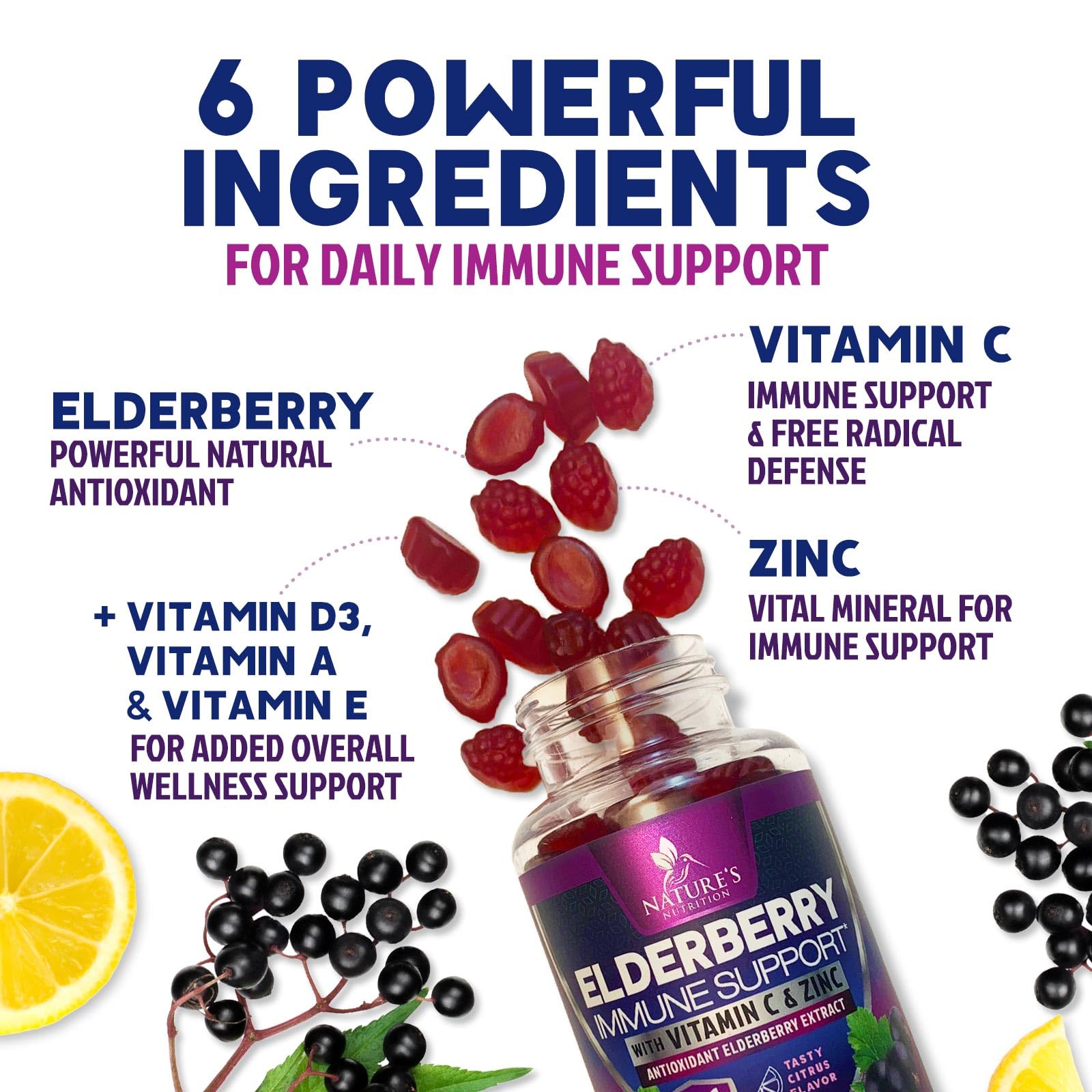 Close-up of elderberry gummies and ingredients