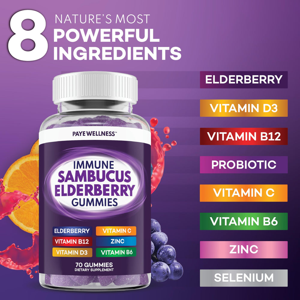 Ingredients label showing elderberry, vitamins, zinc, and probiotics