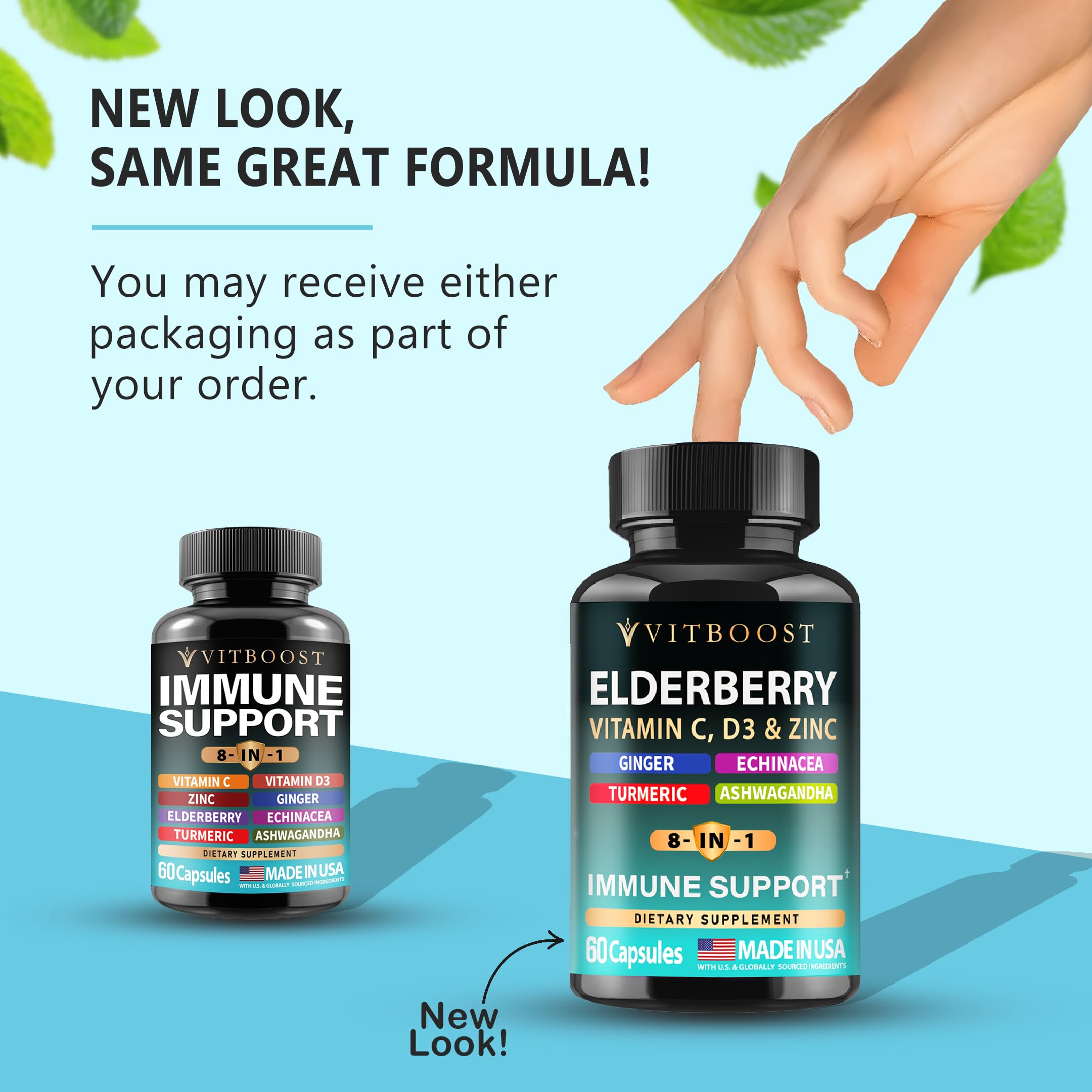 Capsules displayed with elderberry, vitamin C and zinc ingredients