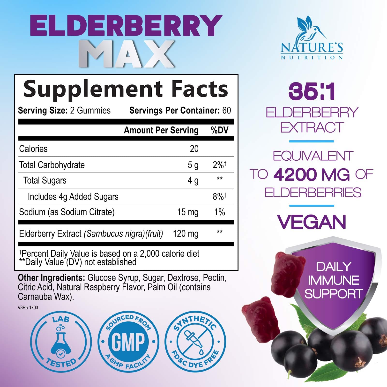 Back packaging showing nutrition facts for Elderberry Immune Support Gummies