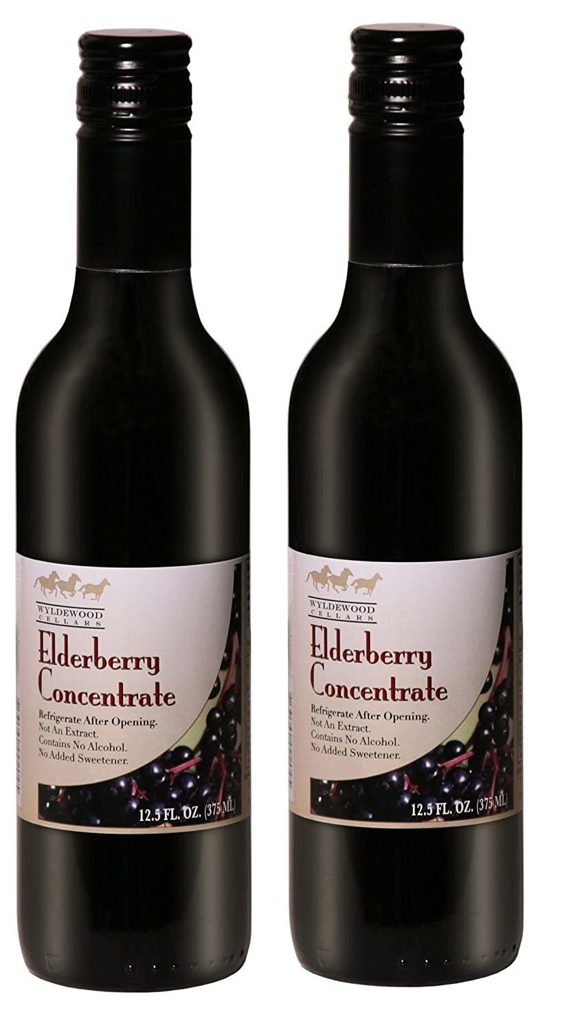 Two 12.5 fl oz Wyldewood Elderberry Juice Concentrate bottles in a 2-pack