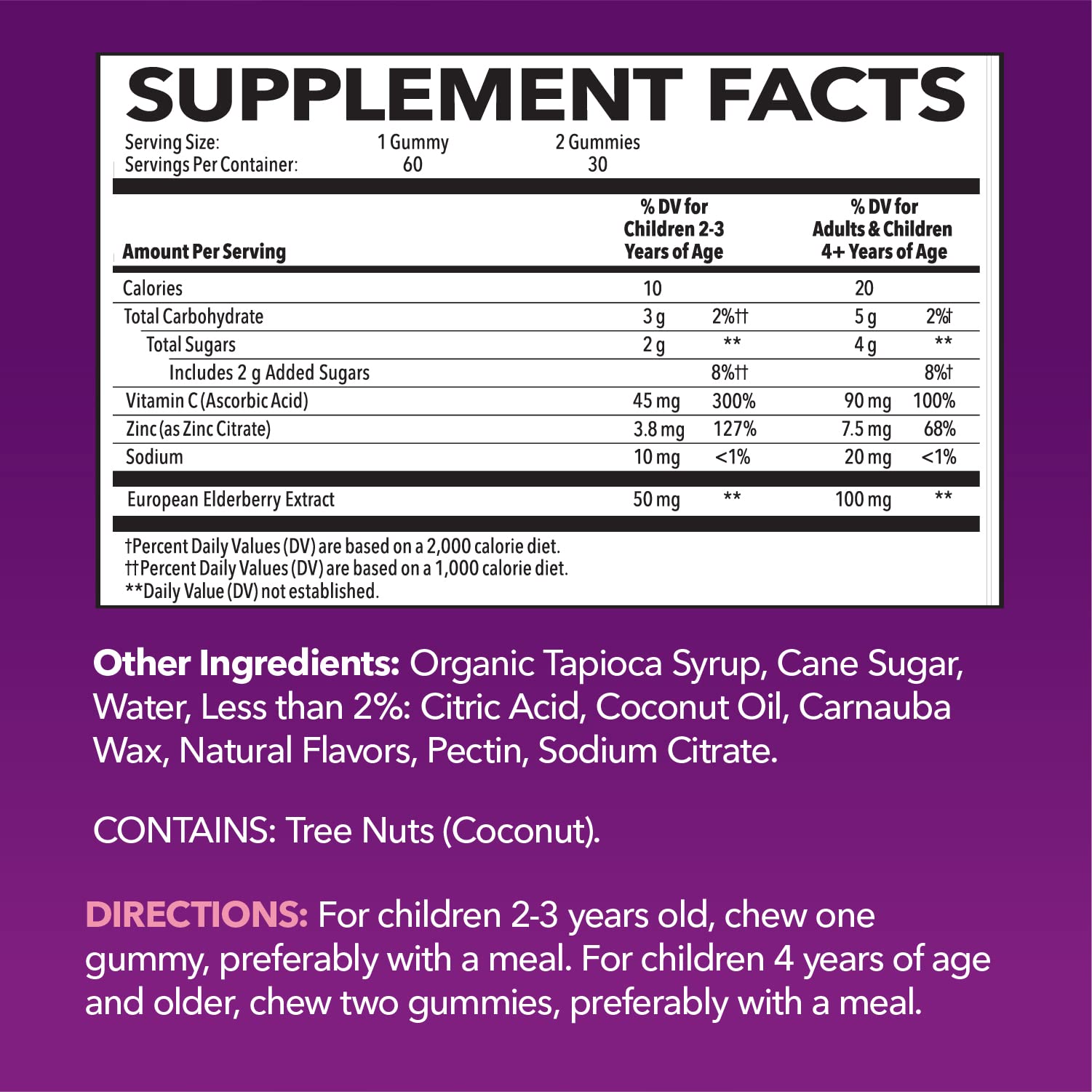Close-up of ingredient list showing elderberry, zinc, and vitamin C