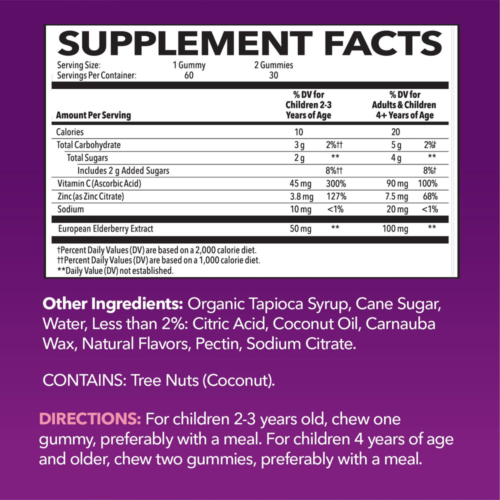 Close-up of ingredient list showing elderberry, zinc, and vitamin C