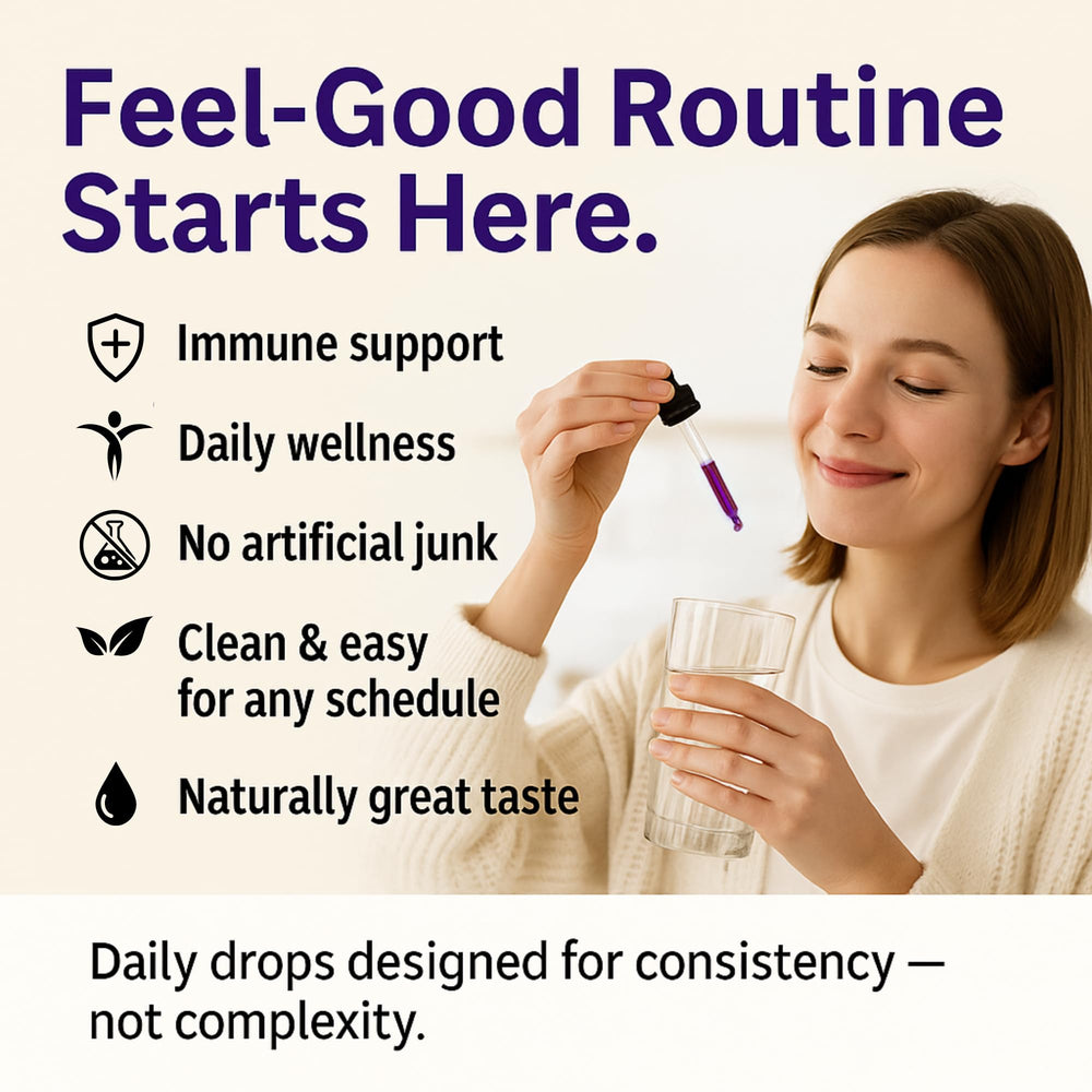 Elderberry liquid drops bottle with vanilla and elderberry imagery