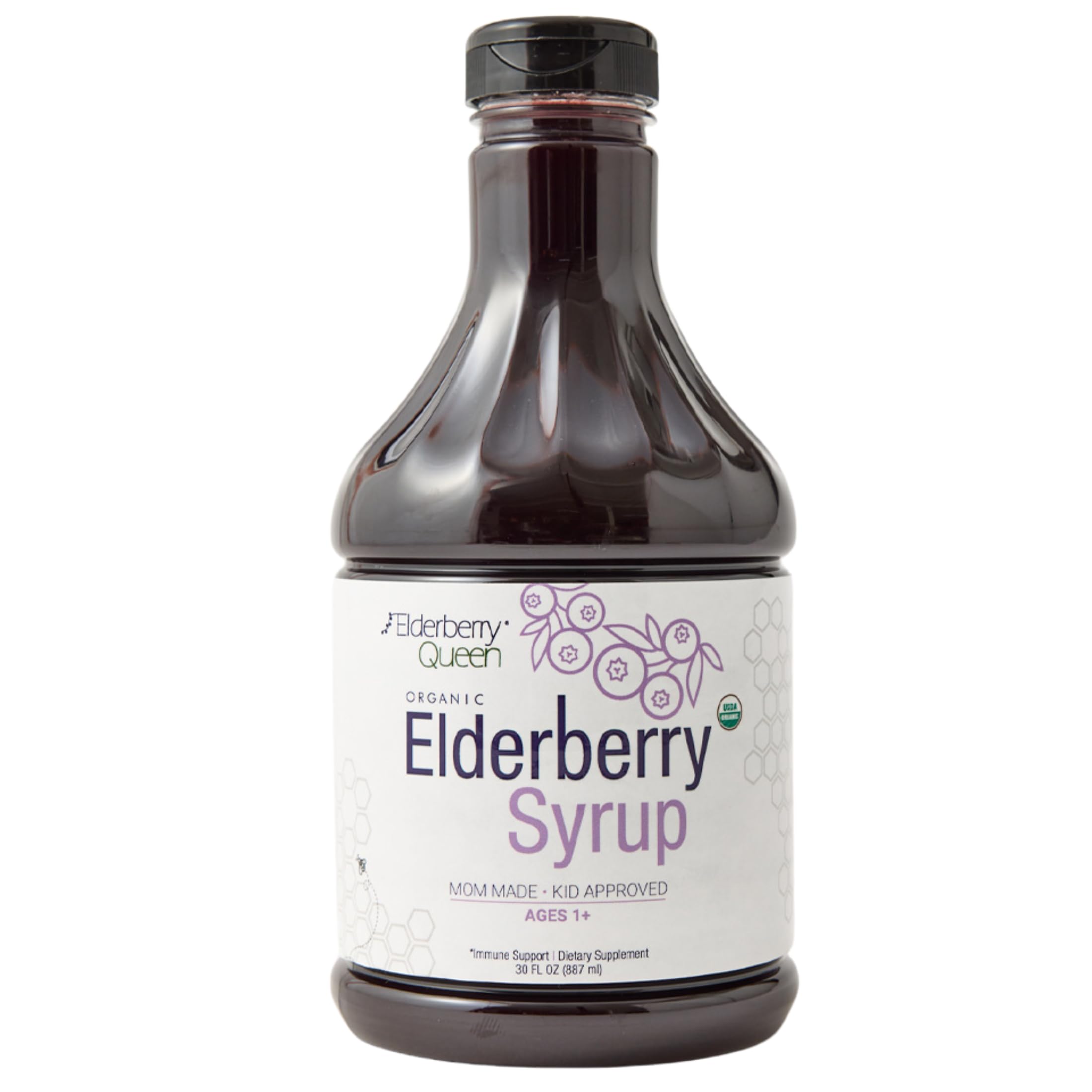 Front view of Elderberry Queen Organic Elderberry Syrup 30 oz bottle