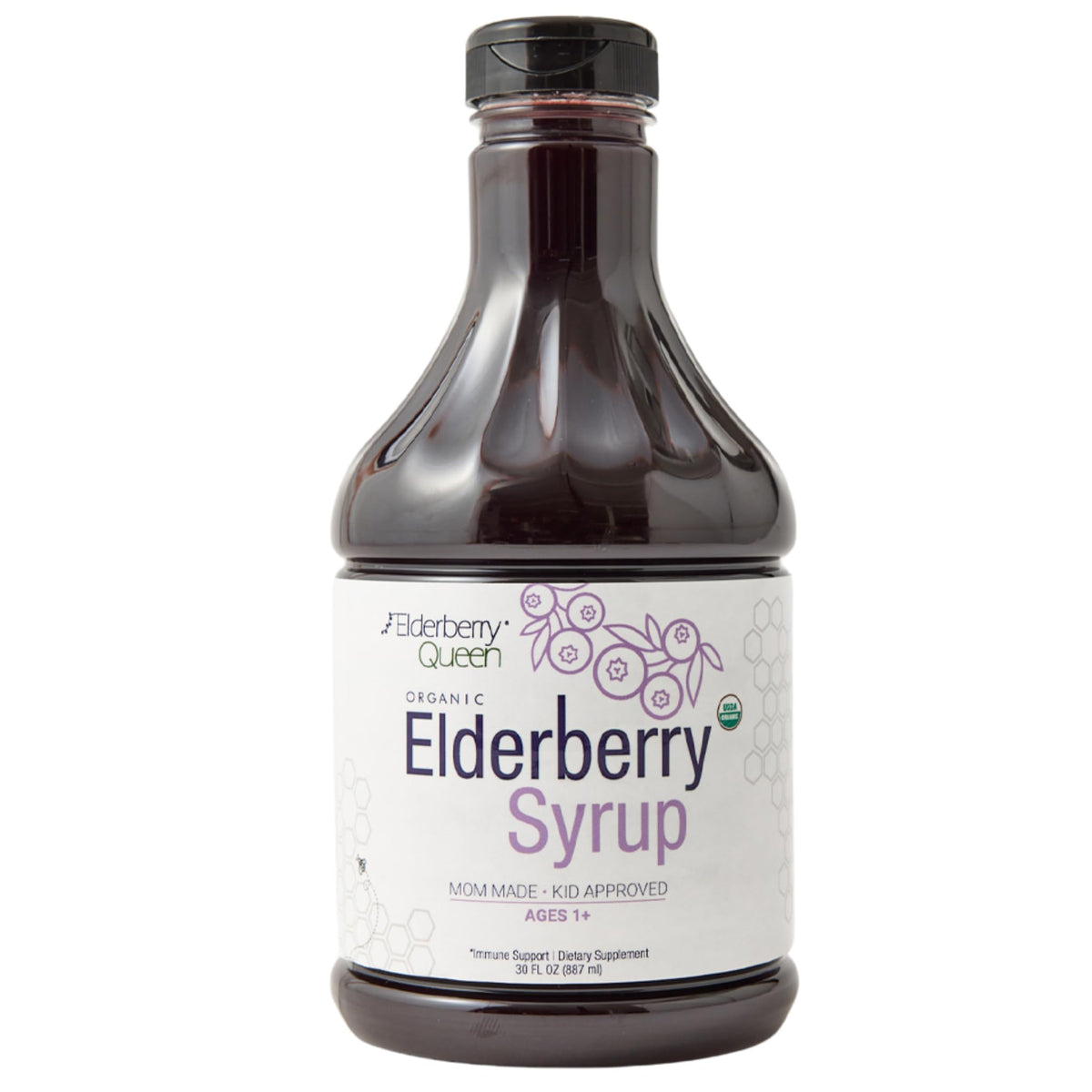 Front view of Elderberry Queen Organic Elderberry Syrup 30 oz bottle