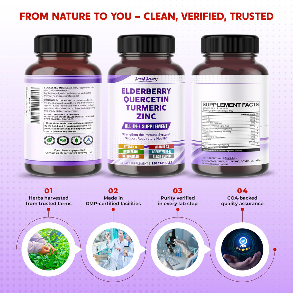 Nutrition facts and ingredients list for Elderberry Quercetin Turmeric Zinc