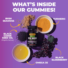 Close-up of elderberry and sea moss gummies in raspberry flavor