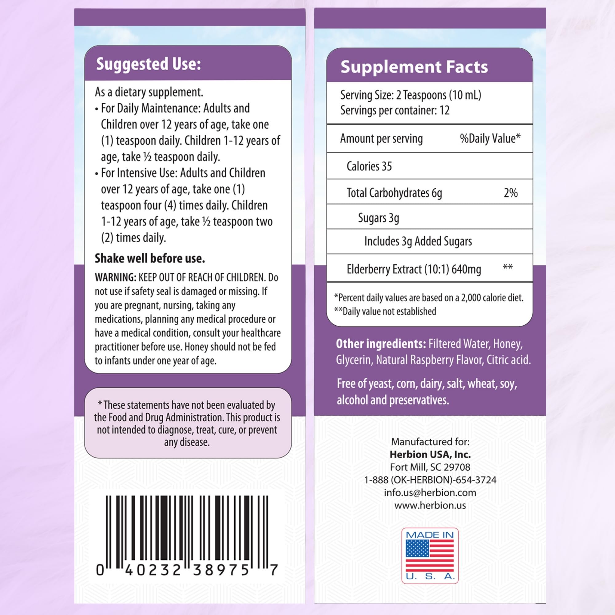 Label showing Made in USA on elderberry syrup bottle