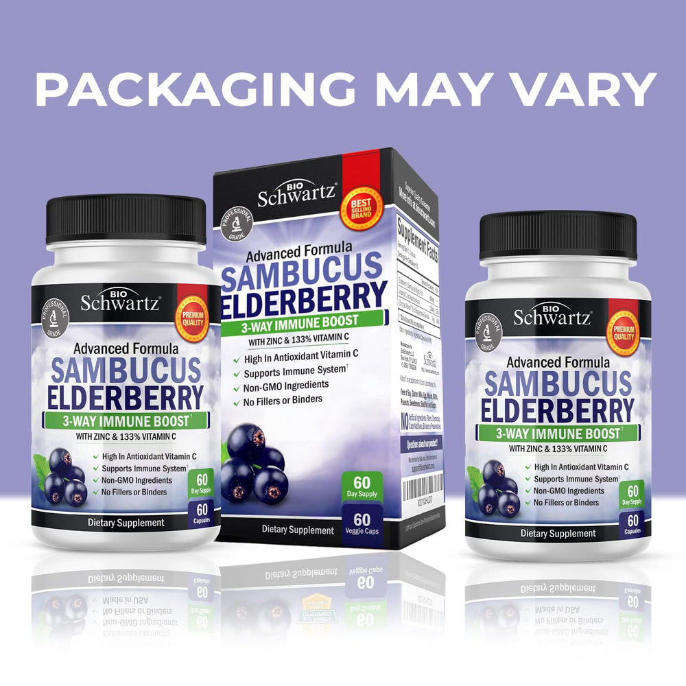 Close-up of elderberry, zinc and vitamin C ingredients on label