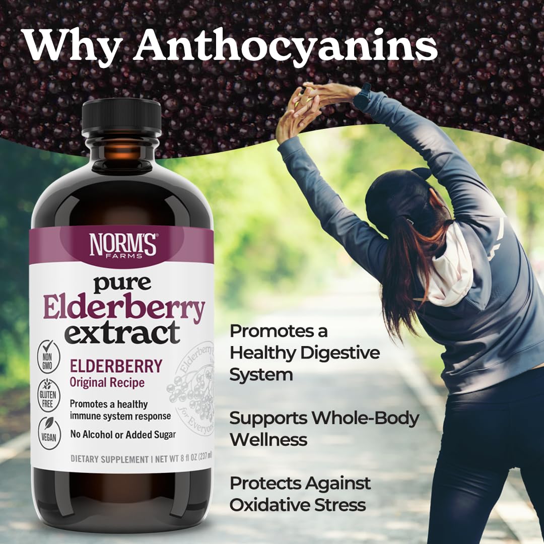 8 oz glass bottle of Norm's Farms Elderberry Extract