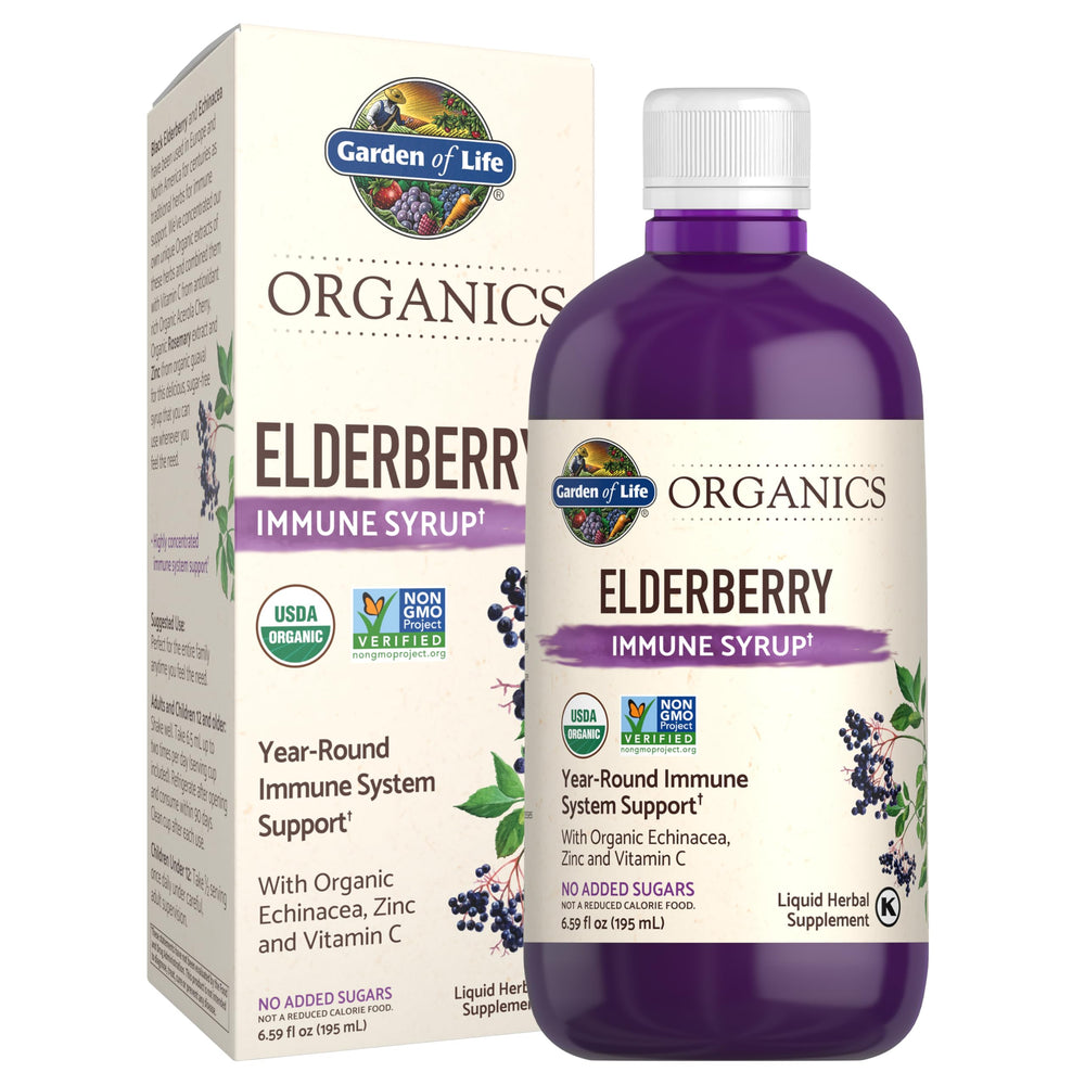 Front view of Garden of Life Organics Elderberry Immune Syrup bottle