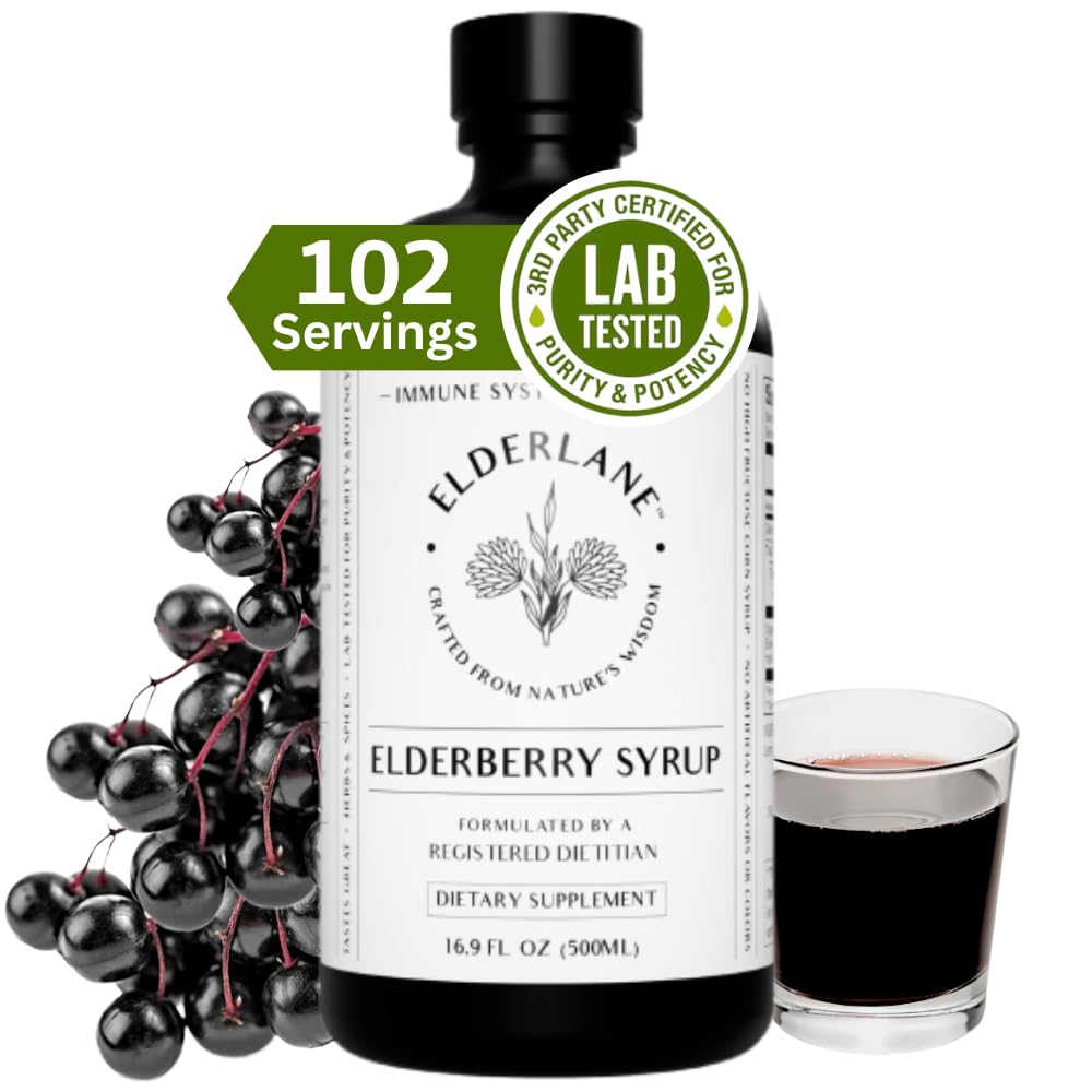 Elderlane Elderberry Syrup bottle with immune support claim