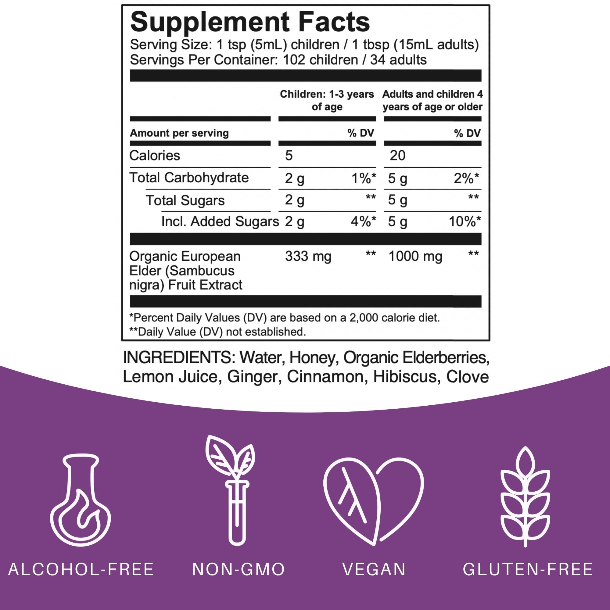 Elderlane Elderberry Syrup label showing ingredients and nutrition