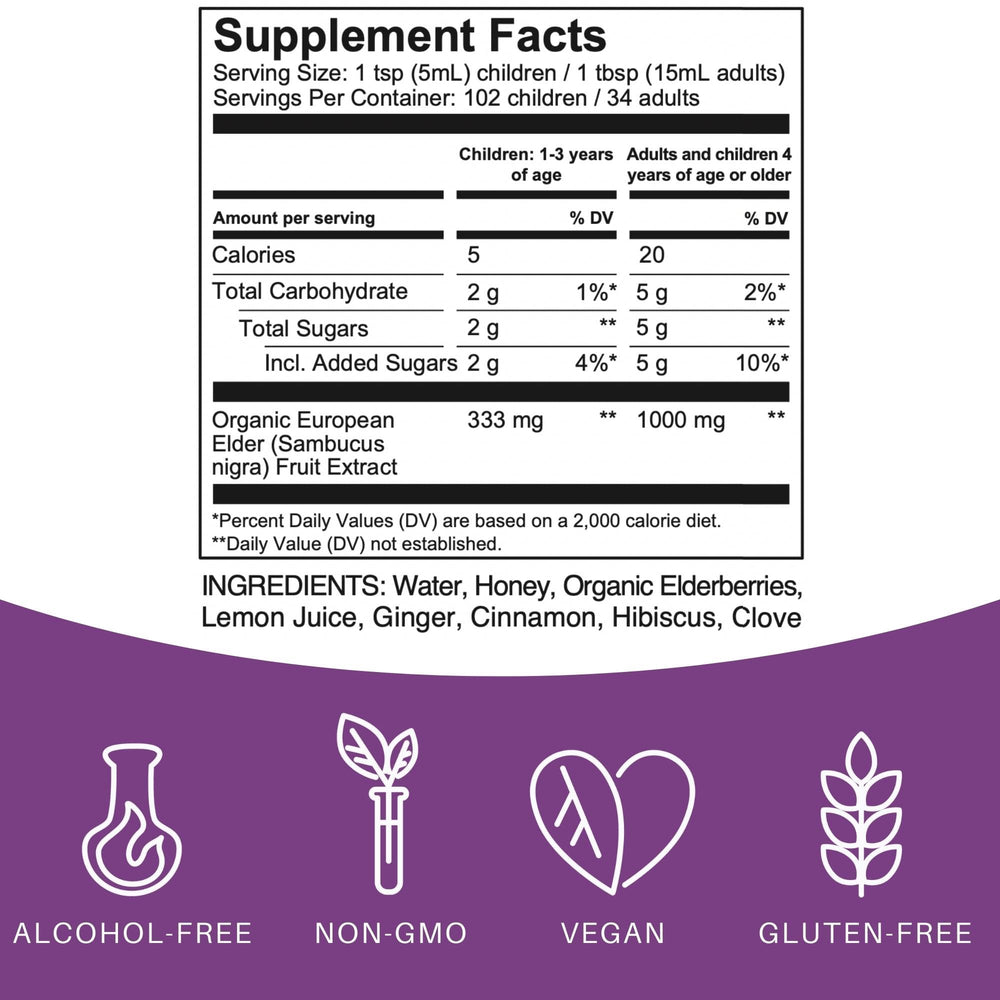 Elderlane Elderberry Syrup label showing ingredients and nutrition