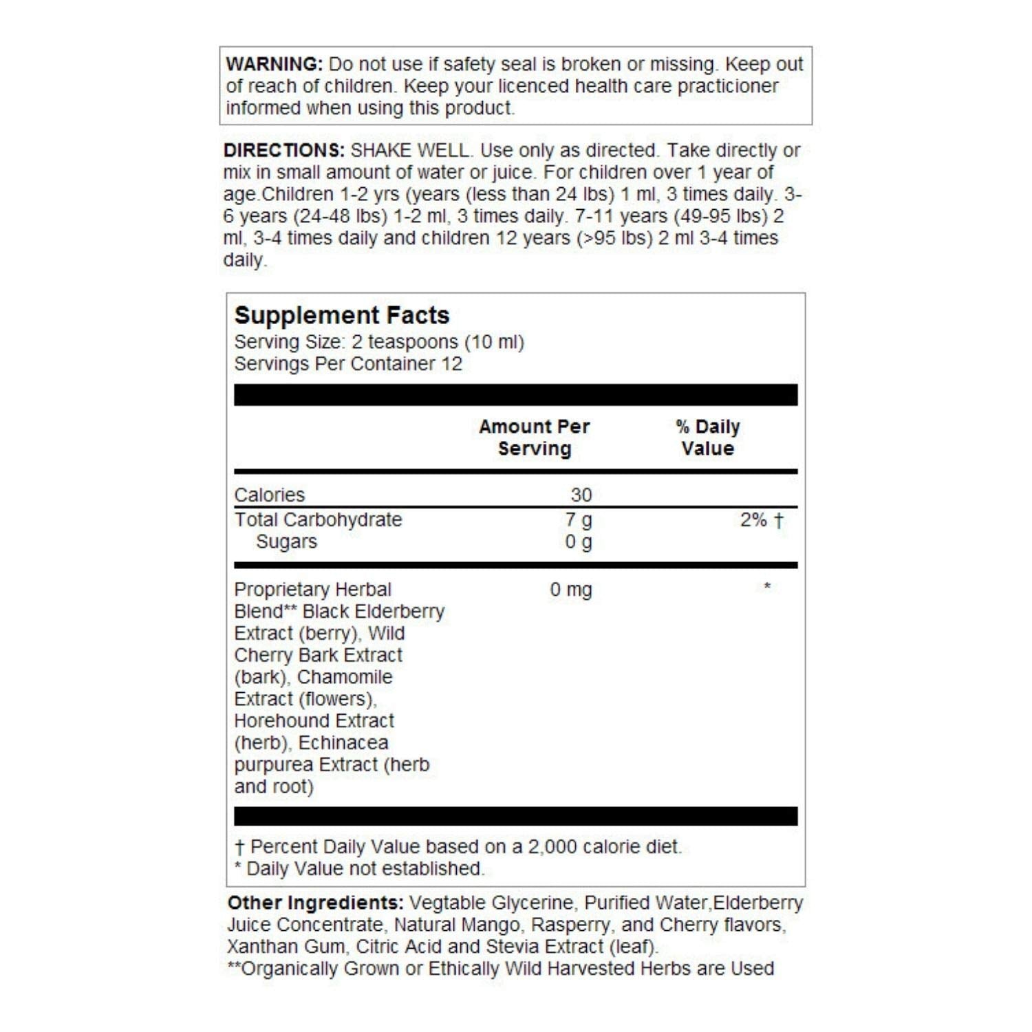 Eldertussin Elderberry Syrup Cherry Berry 4oz bottle – back/label view