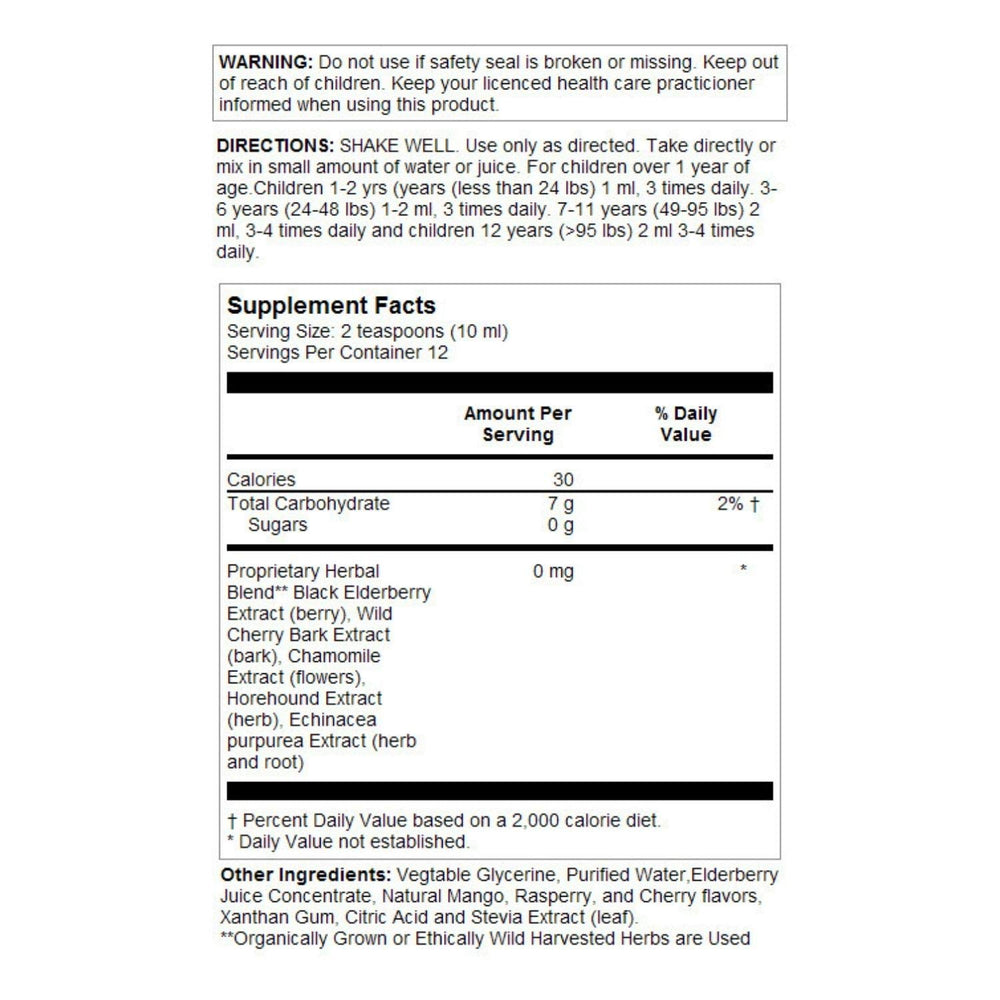 Eldertussin Elderberry Syrup Cherry Berry 4oz bottle – back/label view