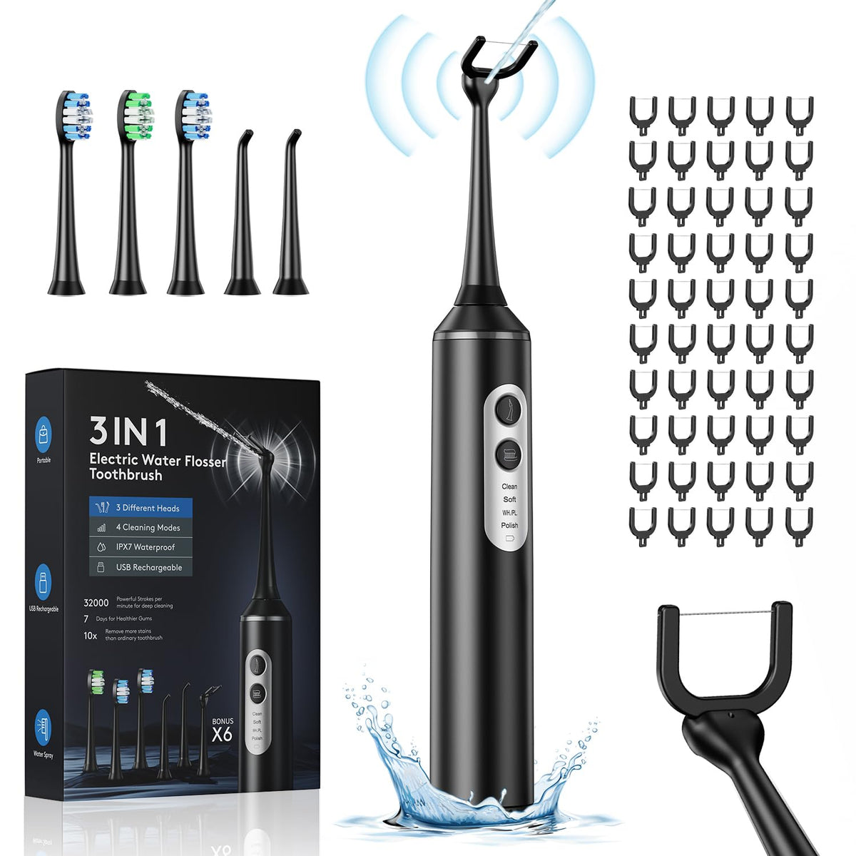 Electric flosser 3-in-1 unit with water flossing brushing and gum massage