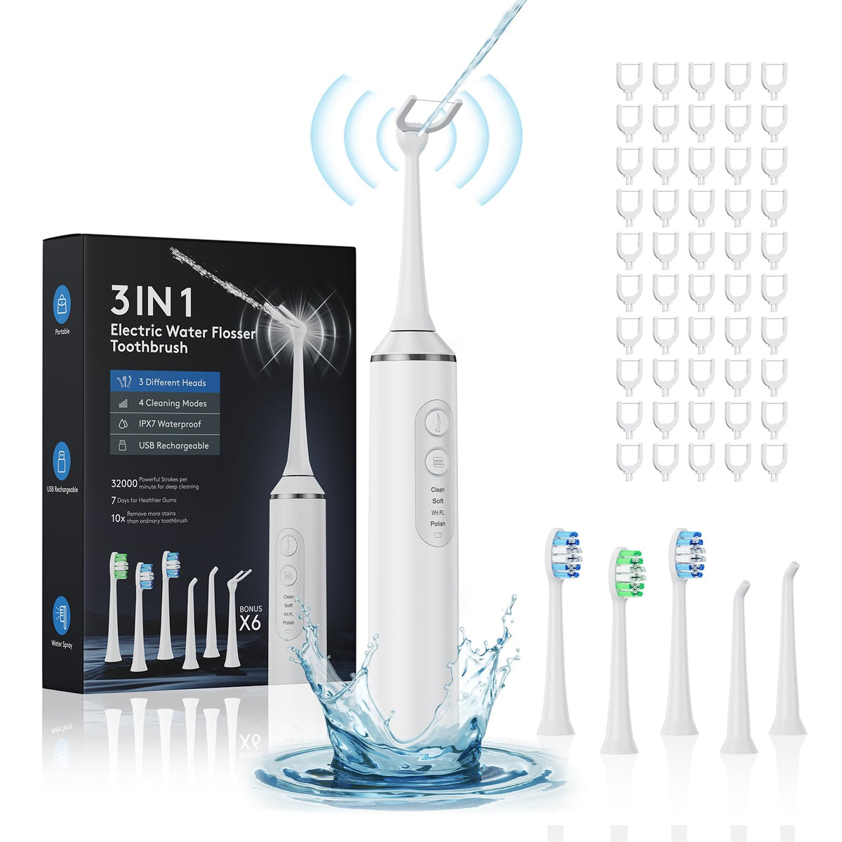 White 3-in-1 electric flosser with toothbrush and water flosser, front view