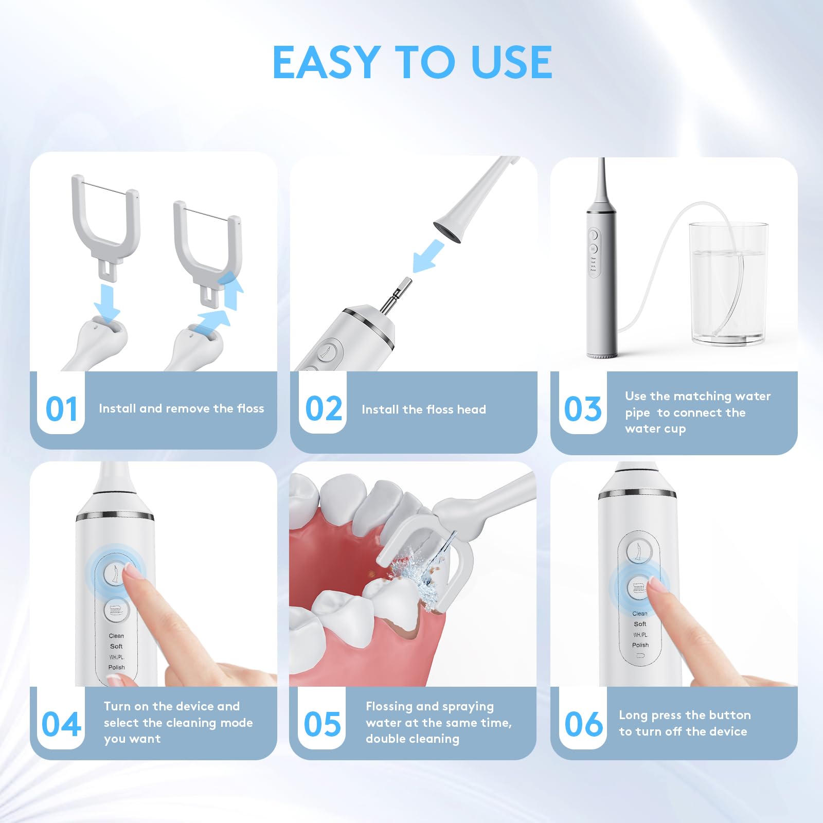 4 cleaning modes: Clean, Soft, WH./PL., Polish