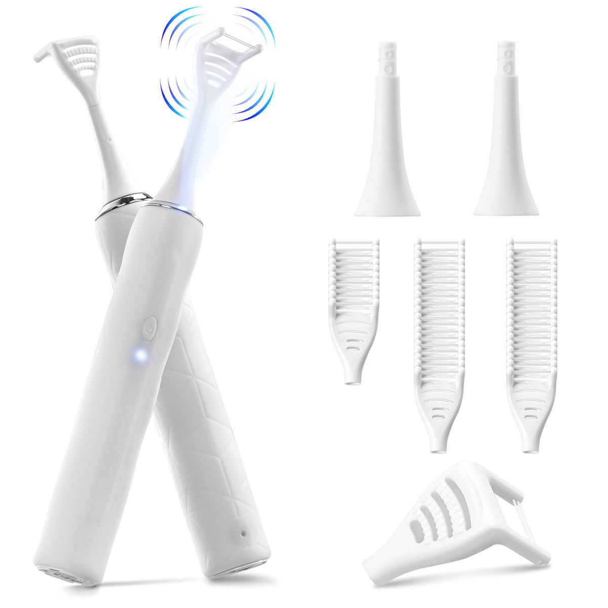 Electric flosser showing 4-speed settings and 50 replacement heads