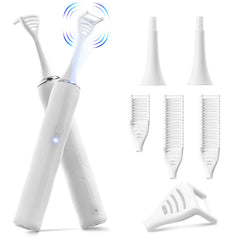 Electric flosser showing 4-speed settings and 50 replacement heads