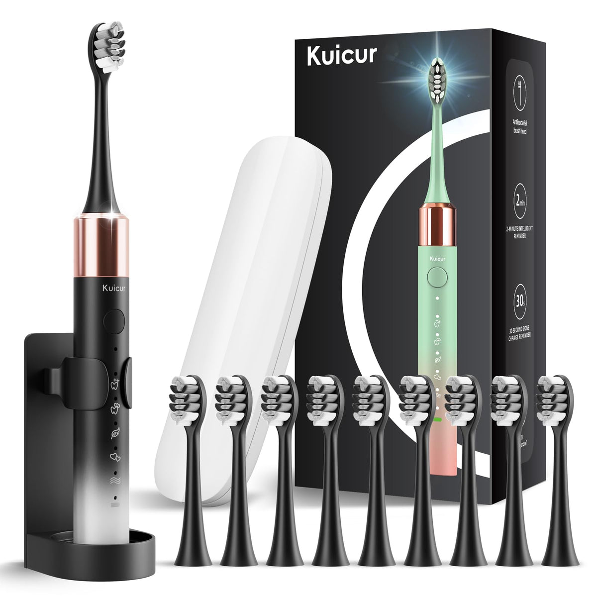 Electric toothbrush for adults and kids with 10 brush heads and travel case