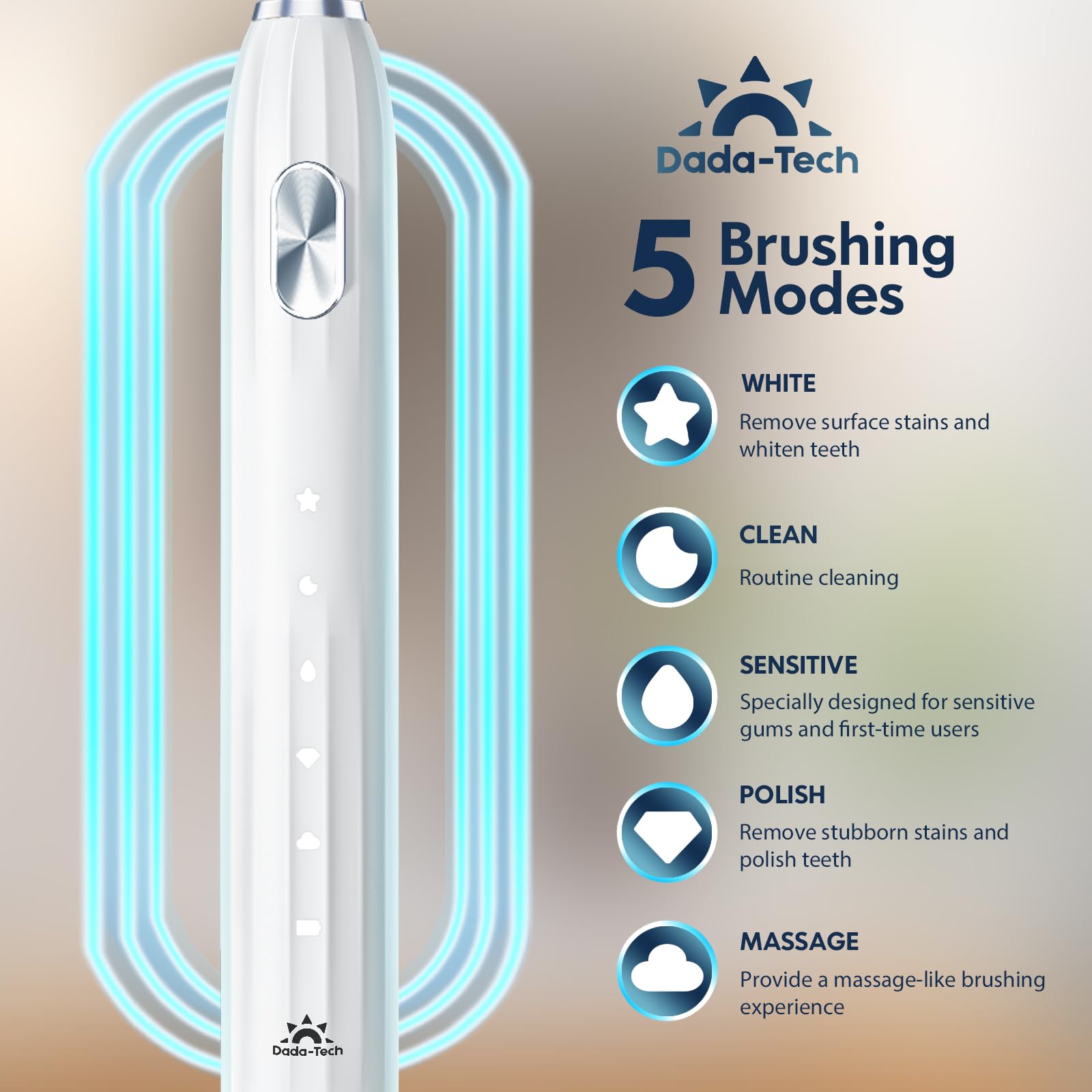 Display showing five cleaning modes: White, Clean, Sensitive, Polish, Massage