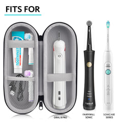 Open case showing built in compartments for toothbrush heads and charging base