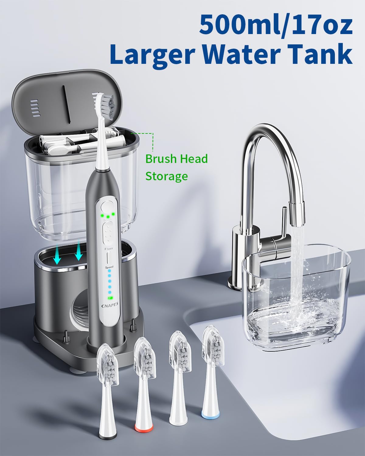 Full product image showing integrated brush and water flossing system
