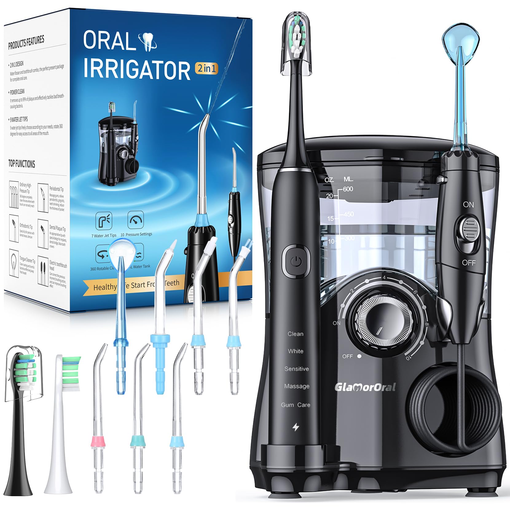 Front view of 2-in-1 electric toothbrush and water flosser in black
