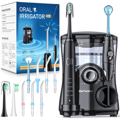Front view of 2-in-1 electric toothbrush and water flosser in black
