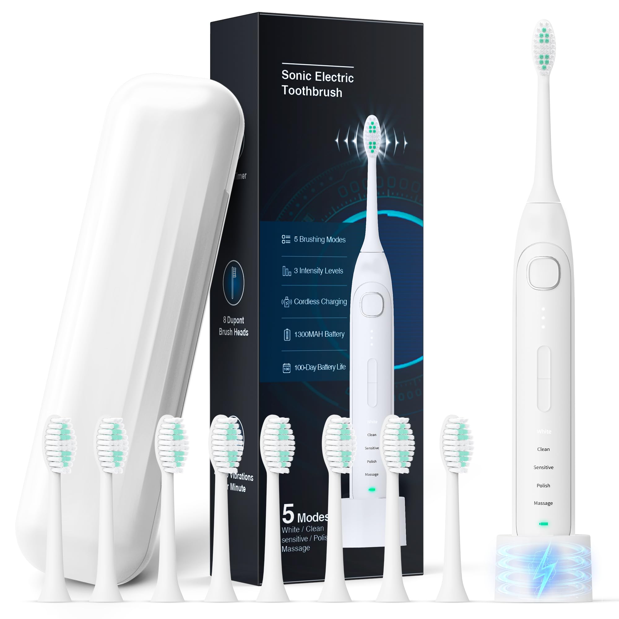 Front view of white electric toothbrush