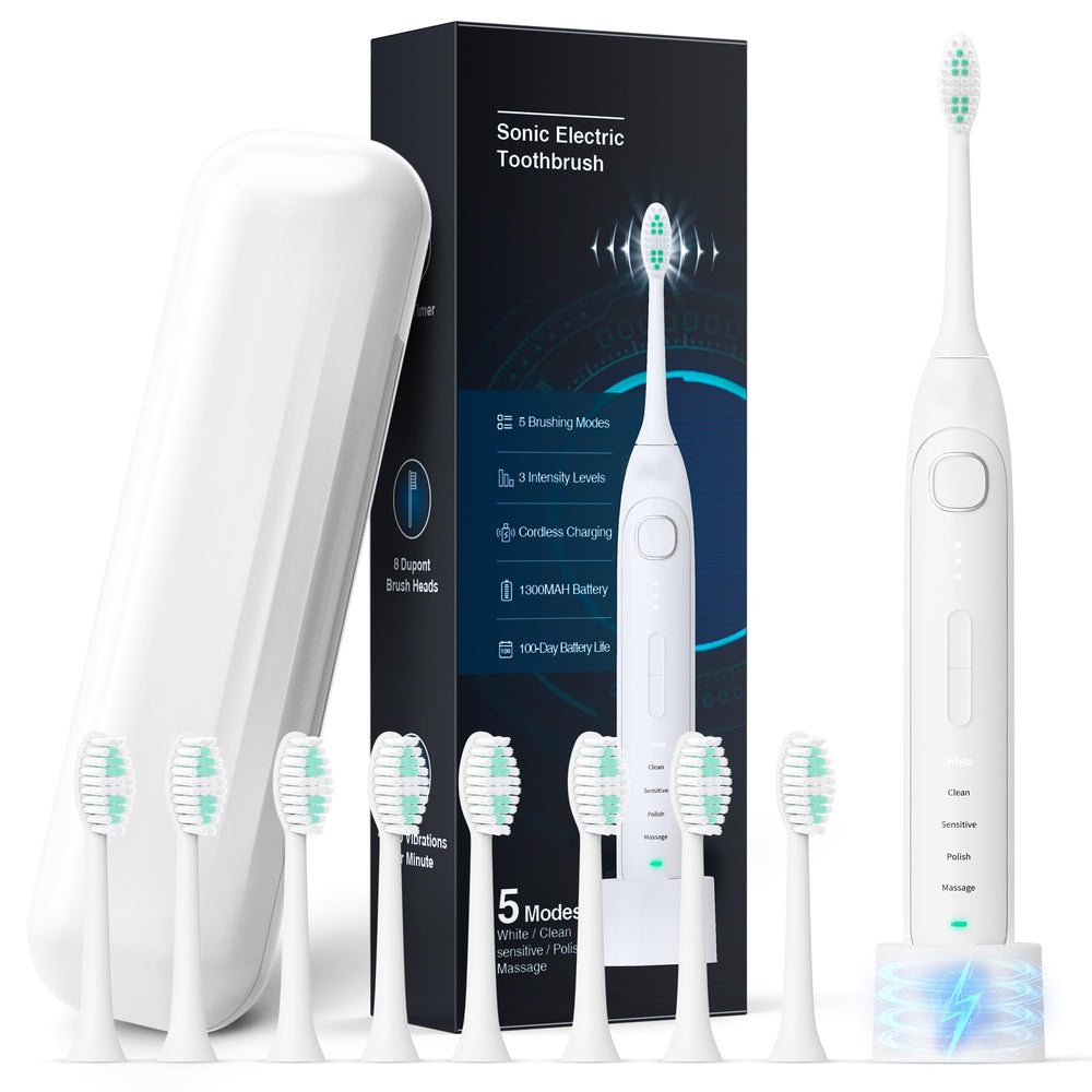 Front view of white electric toothbrush