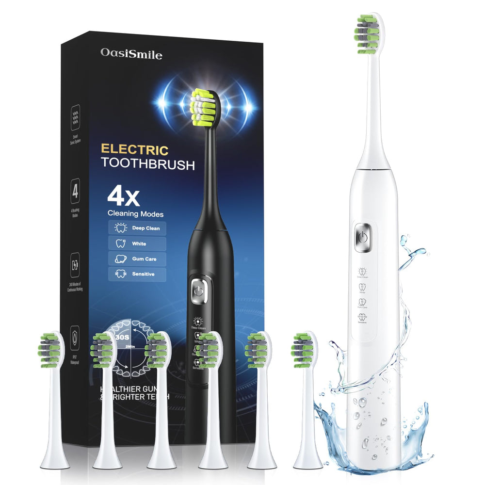 Front view of white OasiSmile sonic electric toothbrush