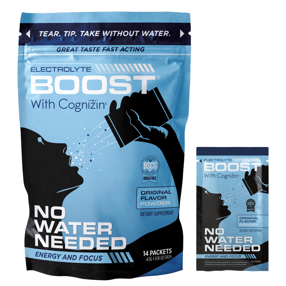 Electrolyte Boost packets melt on tongue for quick hydration on the go