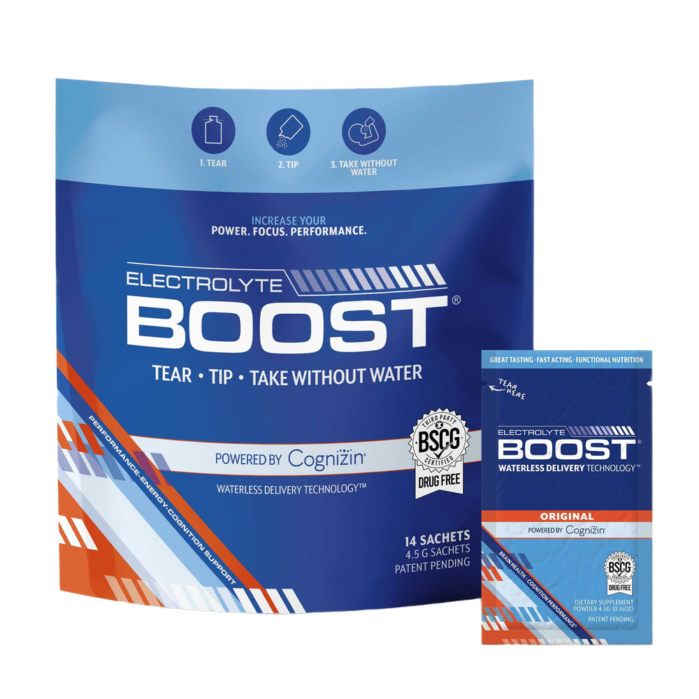 Electrolyte powder packet dissolving on tongue with Cognizin