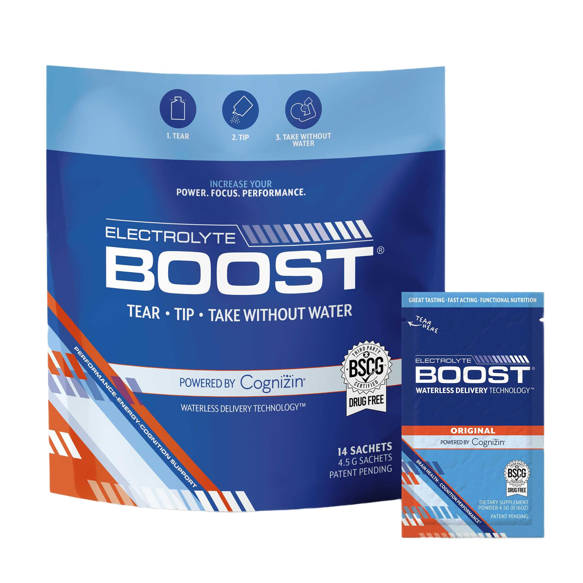 Electrolyte powder packet dissolving on tongue with Cognizin