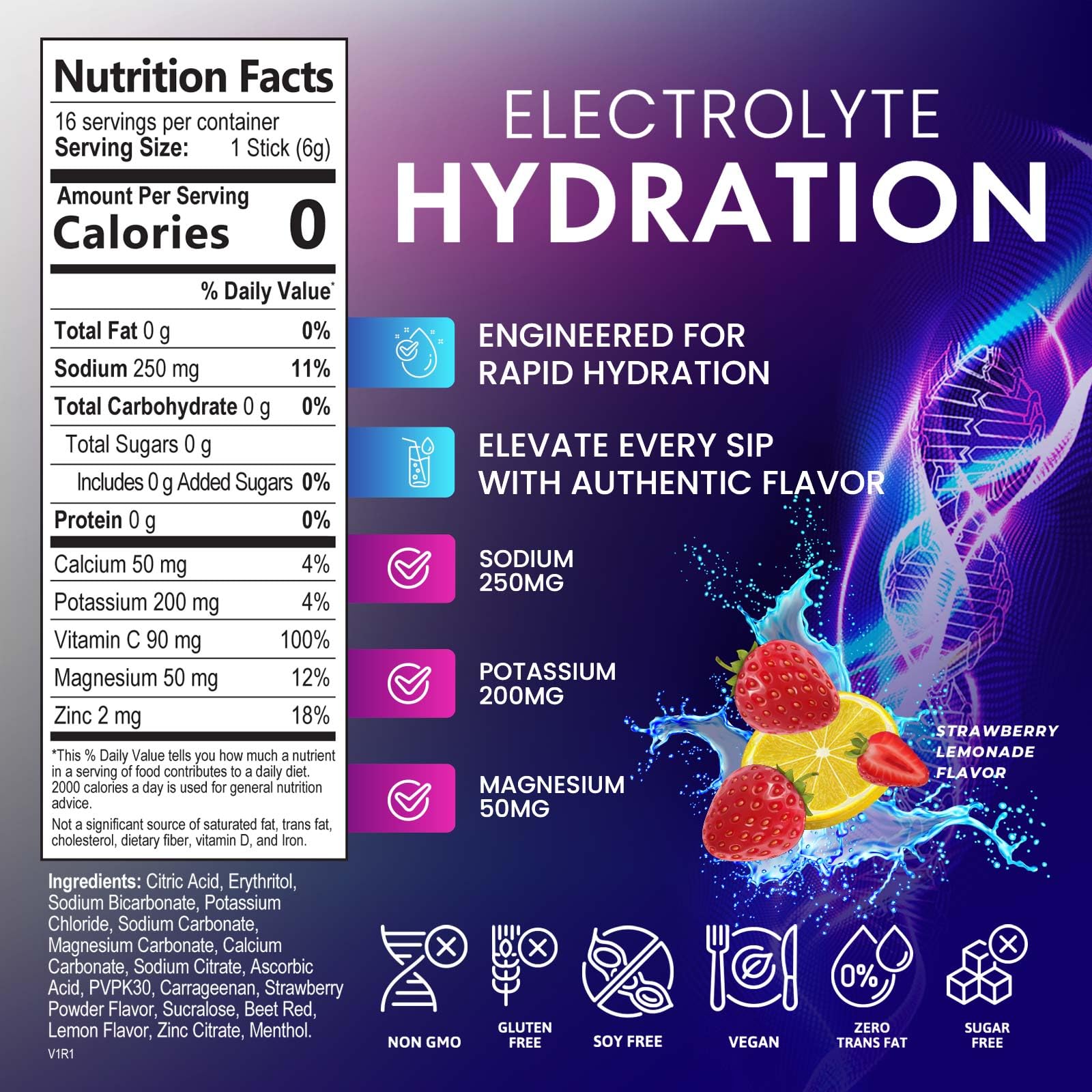 16-pack Strawberry Lemon electrolyte packets packaging