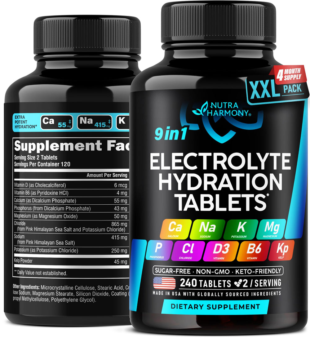 Electrolytes Tablets bottle with 9-in-1 hydration formula label