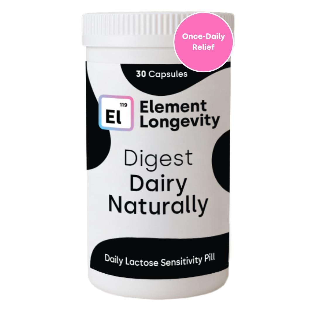 Element Longevity lactose intolerance pill bottle with label on a neutral background